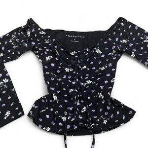 Y2k Aeropostale Women's Black Floral Tie Top